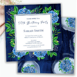 Invitation Hydrangeas Bleu Rustique Bois Fête d'anniversaire