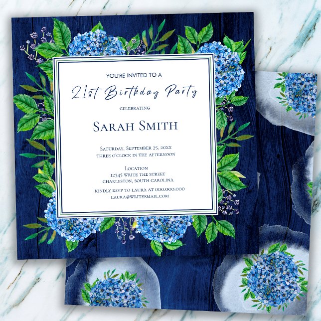 Invitation Hydrangeas Bleu Rustique Bois Fête d'anniversaire  (Créateur téléchargé)