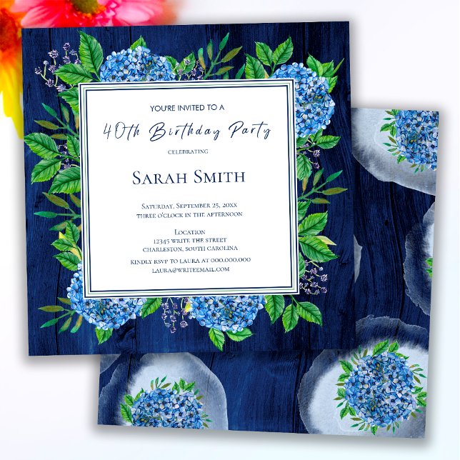 Invitation Hydrangeas Bleu Rustique Bois Fête d'anniversaire  (Créateur téléchargé)