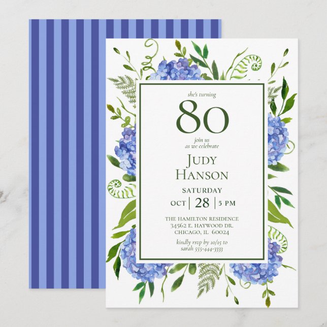 Invitation Hydrangeas bleues pour 80e anniversaire (Devant / Derrière)