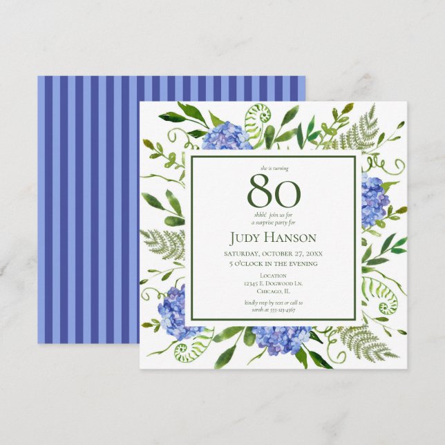 Invitation Hydrangeas Bleues pour les 80 ans - Aquarelle Flor (Devant / Derrière)