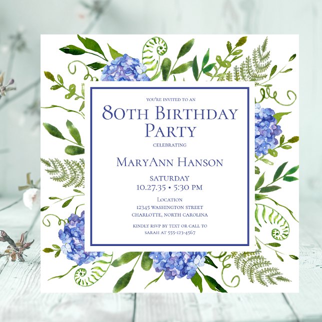 Invitation Hydrangeas Bleues pour les 80 ans - Aquarelle Flor (Créateur téléchargé)