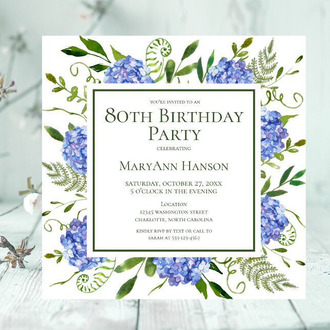 Invitation Hydrangeas Bleues pour les 80 ans - Aquarelle Flor (Créateur téléchargé)