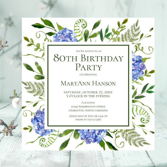 Invitation Hydrangeas Bleues pour les 80 ans - Aquarelle Flor (Créateur téléchargé)
