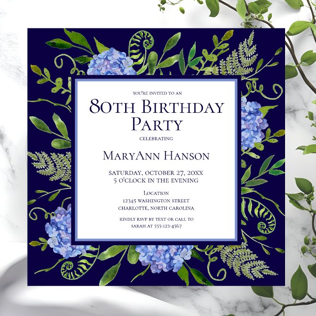 Invitation Hydrangeas Bleues pour les 80 ans - Aquarelle Flor (Créateur téléchargé)