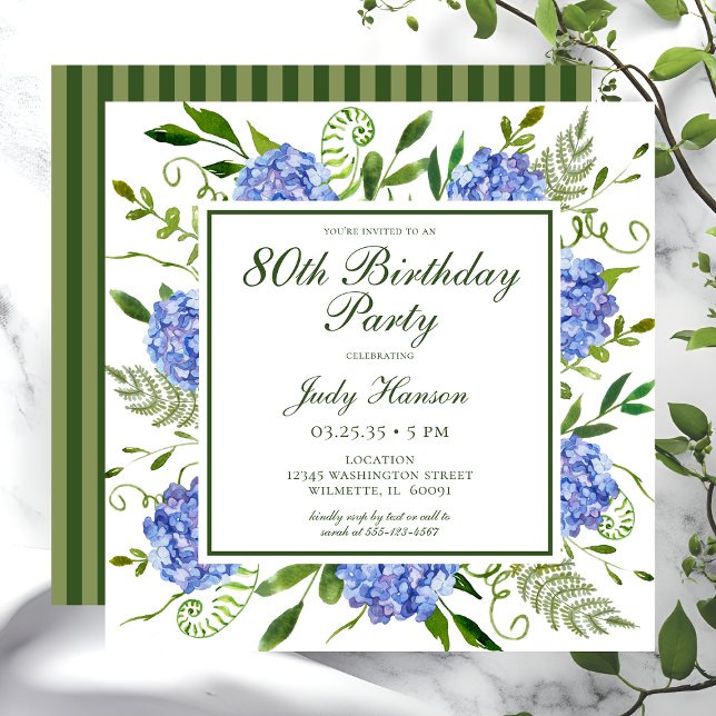 Invitation Hydrangeas Bleues pour les 80 ans - Aquarelle Flor (Créateur téléchargé)
