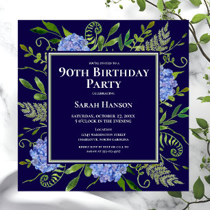Invitation Hydrangeas Bleues pour les 90 ans, Aquarelle Flora