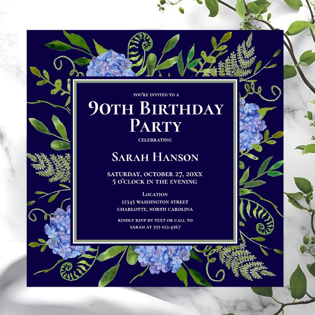 Invitation Hydrangeas Bleues pour les 90 ans, Aquarelle Flora (Créateur téléchargé)