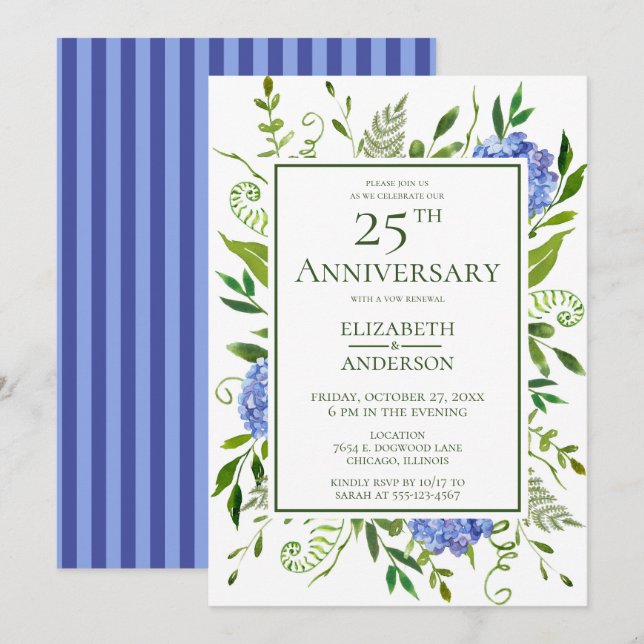 Invitation Hydrangeas Bleus 25e Anniversaire (Devant / Derrière)