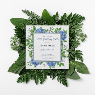 Invitation Hydrangeas Bleus Aquarelle Fête des 100 ans