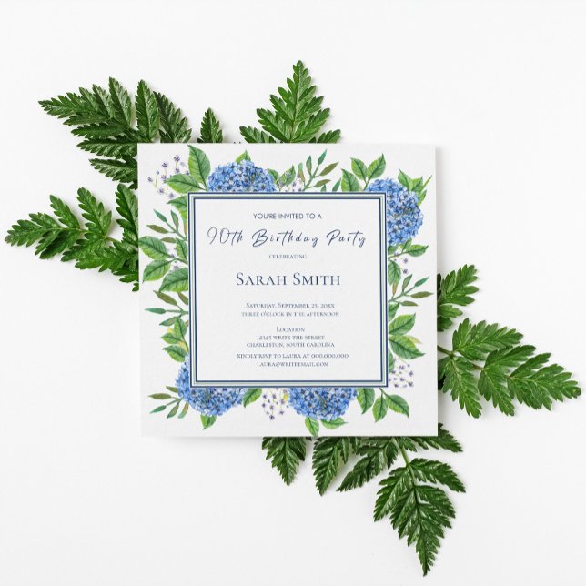Invitation Hydrangeas Bleus Aquarelle Fête des 90 Ans (Créateur téléchargé)