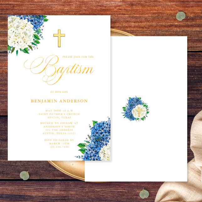 Invitation Hydrangeas Bleus Blancs Élégants Baptême Croix Dor (Front/Back)