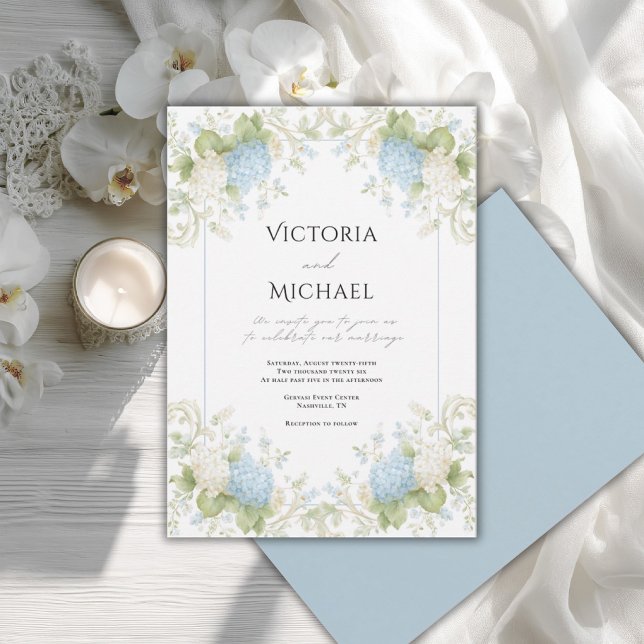 Invitation Hydrangeas Bleus Blancs Élégants Mariage Vintage (Créateur téléchargé)