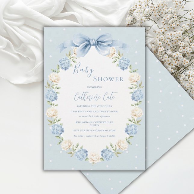 Invitation Hydrangeas Bleus Blancs Ruban Baby Shower Vintage (Créateur téléchargé)