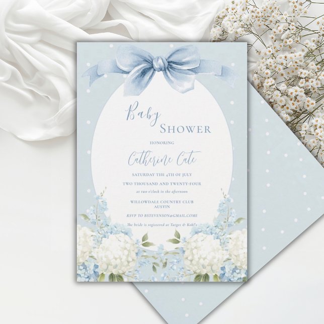 Invitation Hydrangeas Bleus Blancs Ruban Baby Shower Vintage (Créateur téléchargé)