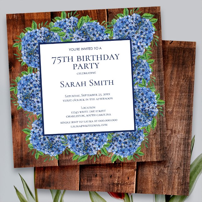 Invitation Hydrangeas Bleus Bois Anniversaire 75 Ans Fête Rus (Créateur téléchargé)