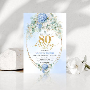 Invitation Hydrangeas Bleus Chic et Floral Doré pour 80e Anni