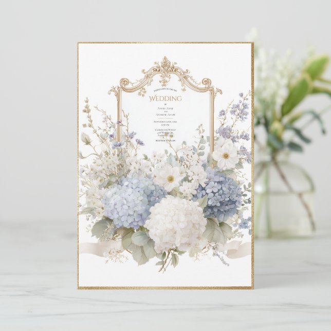 Invitation Hydrangeas Bleus Élégants Mariage Vintage (Debout devant)