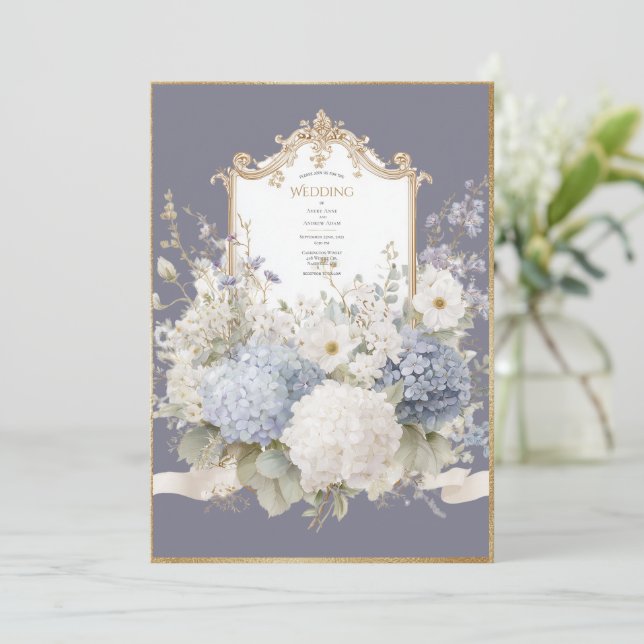 Invitation Hydrangeas Bleus Élégants Mariage Vintage Pourpre (Debout devant)