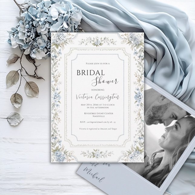 Invitation Hydrangeas Bleus Élégants Photo Vernis Mariage (Créateur téléchargé)