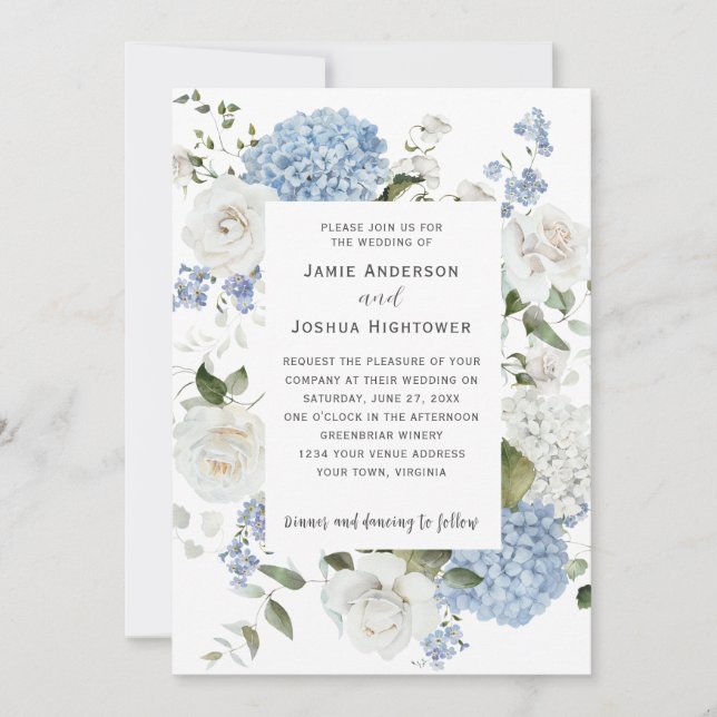 Invitation Hydrangeas Bleus et Blancs, Roses Blanches Floral  (Devant)