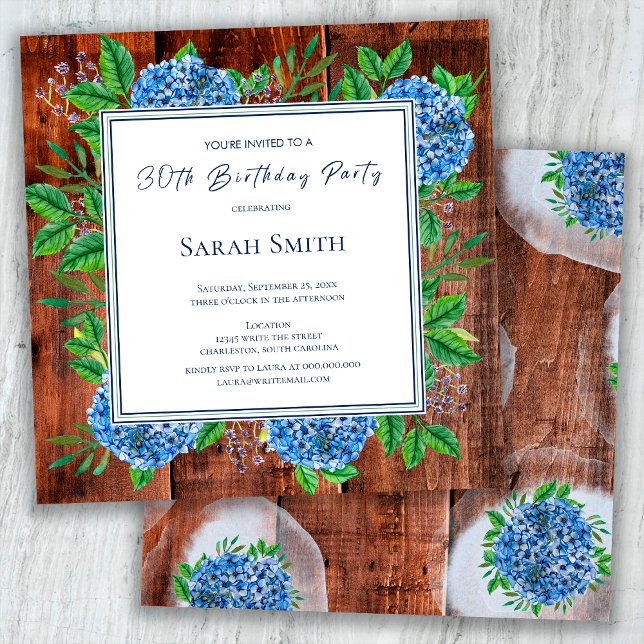 Invitation Hydrangeas Bleus Fête d'anniversaire 30 ans Bois r (Créateur téléchargé)