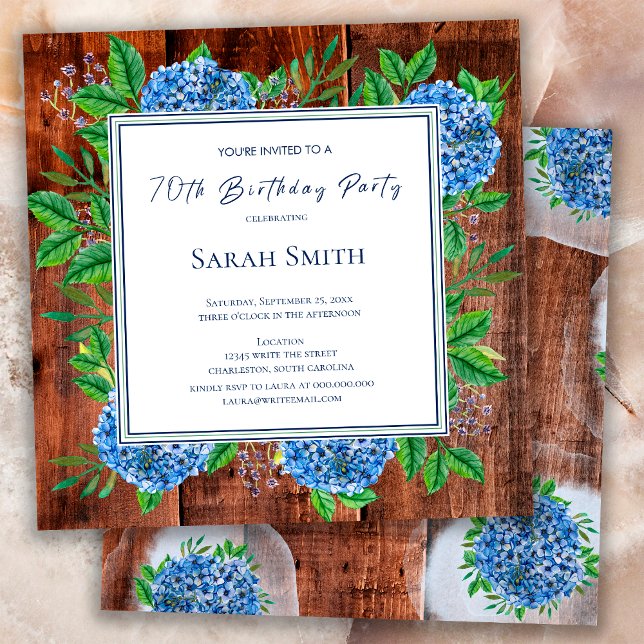 Invitation Hydrangeas Bleus Fête d'anniversaire rustique en b (Créateur téléchargé)