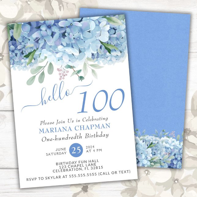 Invitation Hydrangeas Bleus Fleur Aquarelle 100e Anniversaire (Créateur téléchargé)