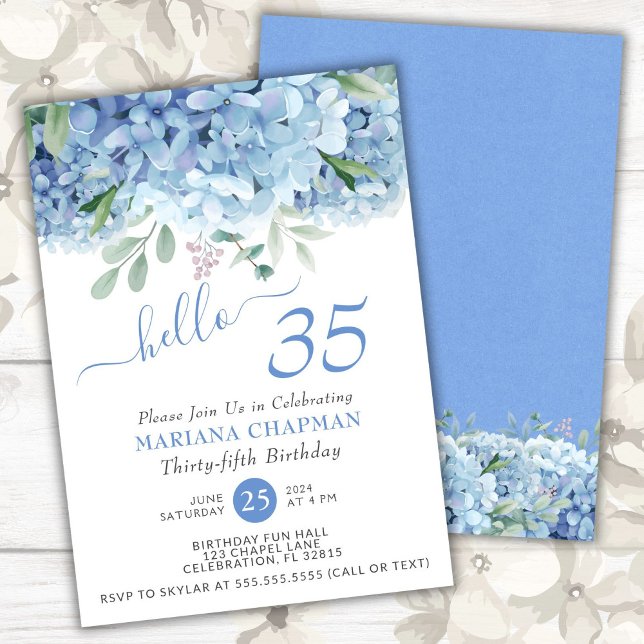 Invitation Hydrangeas Bleus Fleur Aquarelle 35e Anniversaire (Créateur téléchargé)