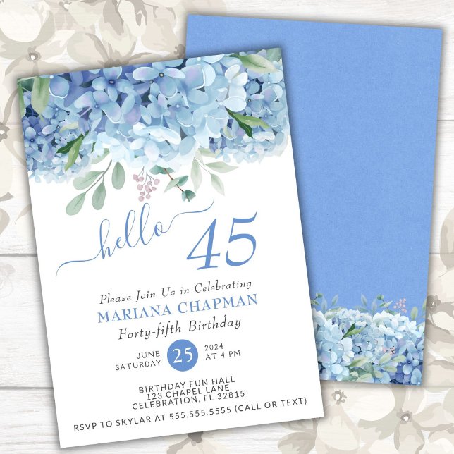 Invitation Hydrangeas Bleus Fleur Aquarelle 45e Anniversaire (Créateur téléchargé)