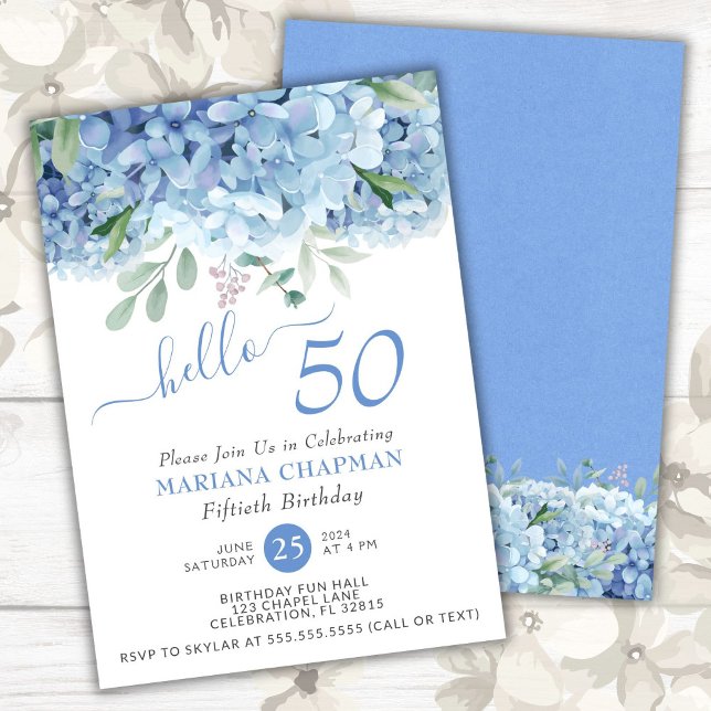 Invitation Hydrangeas Bleus Fleur Aquarelle 50e Anniversaire  (Créateur téléchargé)