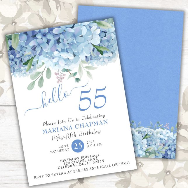 Invitation Hydrangeas Bleus Fleur Aquarelle 55e Anniversaire (Créateur téléchargé)
