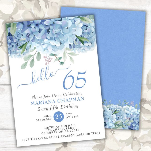 Invitation Hydrangeas Bleus Fleur Aquarelle 65e Anniversaire (Créateur téléchargé)