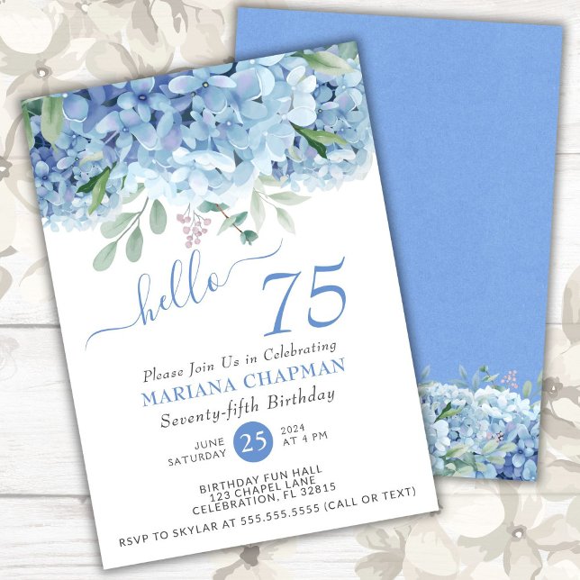 Invitation Hydrangeas Bleus Fleur Aquarelle 75e Anniversaire (Créateur téléchargé)