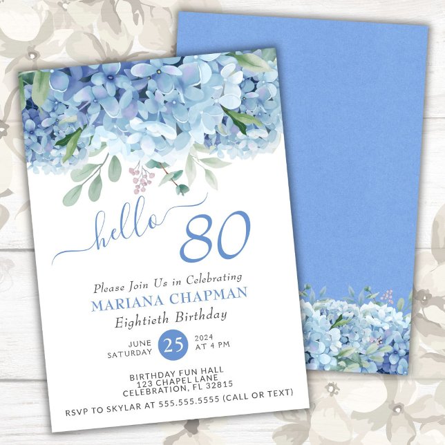 Invitation Hydrangeas Bleus Fleur Aquarelle 80e Anniversaire (Créateur téléchargé)