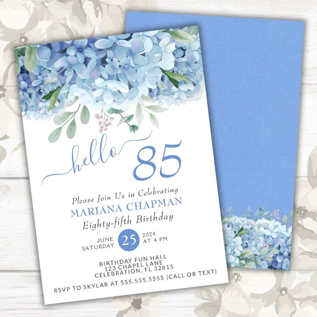Invitation Hydrangeas Bleus Fleur Aquarelle 85e Anniversaire (Créateur téléchargé)