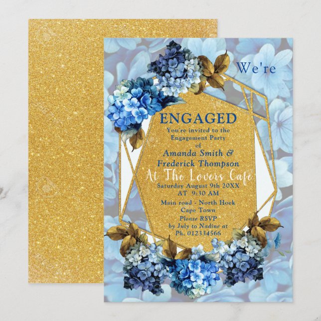 Invitation Hydrangeas Bleus Fleurs Aquarelle Engagement (Devant / Derrière)