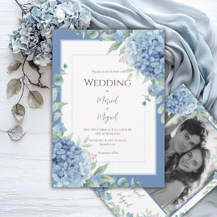 Invitation Hydrangeas Bleus Photo Florale Élégant Mariage
