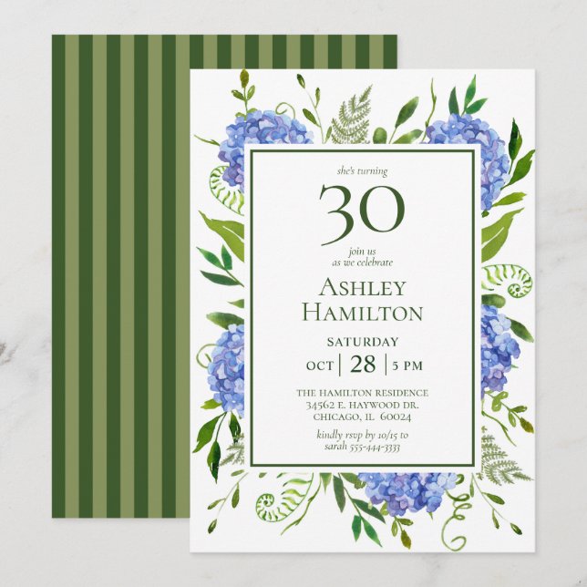 Invitation Hydrangeas bleus pour 30e anniversaire (Devant / Derrière)