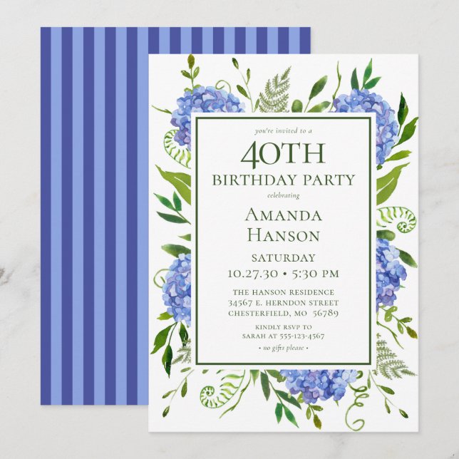 Invitation Hydrangeas bleus pour 40 ans (Devant / Derrière)