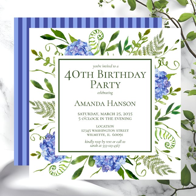 Invitation Hydrangeas bleus pour 40 ans (Créateur téléchargé)