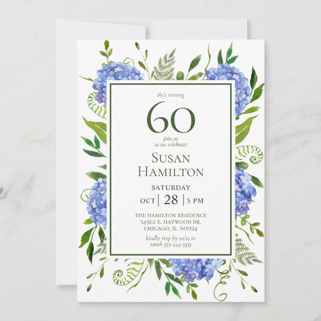 Invitation Hydrangeas bleus pour 60e anniversaire (Devant)