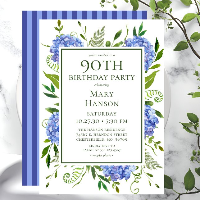 Invitation Hydrangeas Bleus pour les 90 ans Floral Aquarelle (Créateur téléchargé)