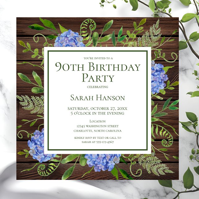 Invitation Hydrangeas Bleus pour les 90 ans Floral Aquarelle (Créateur téléchargé)