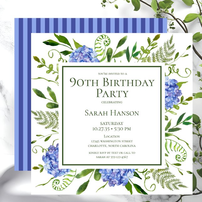 Invitation Hydrangeas Bleus pour les 90 ans Floral Aquarelle (Créateur téléchargé)