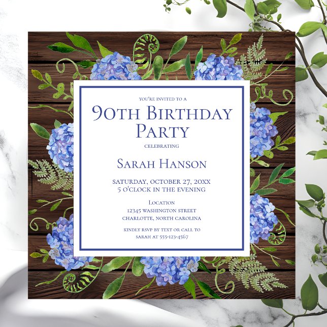 Invitation Hydrangeas Bleus pour les 90 ans Floral Aquarelle (Créateur téléchargé)