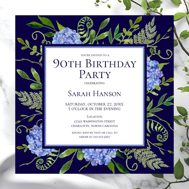 Invitation Hydrangeas Bleus pour les 90 ans Floral Aquarelle (Créateur téléchargé)