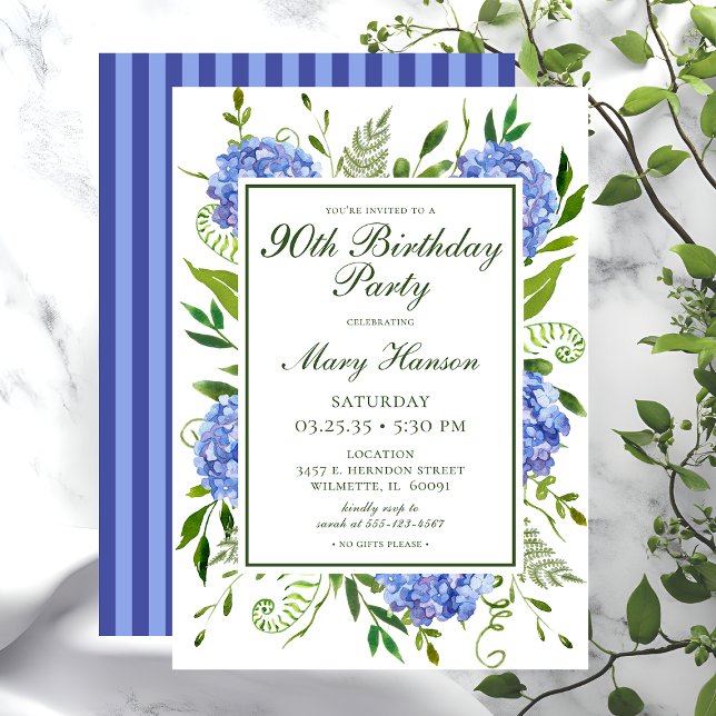 Invitation Hydrangeas Bleus pour les 90 ans Floral Aquarelle (Créateur téléchargé)