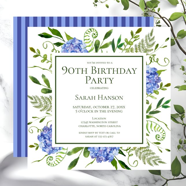 Invitation Hydrangeas Bleus pour les 90 ans Floral Aquarelle (Créateur téléchargé)