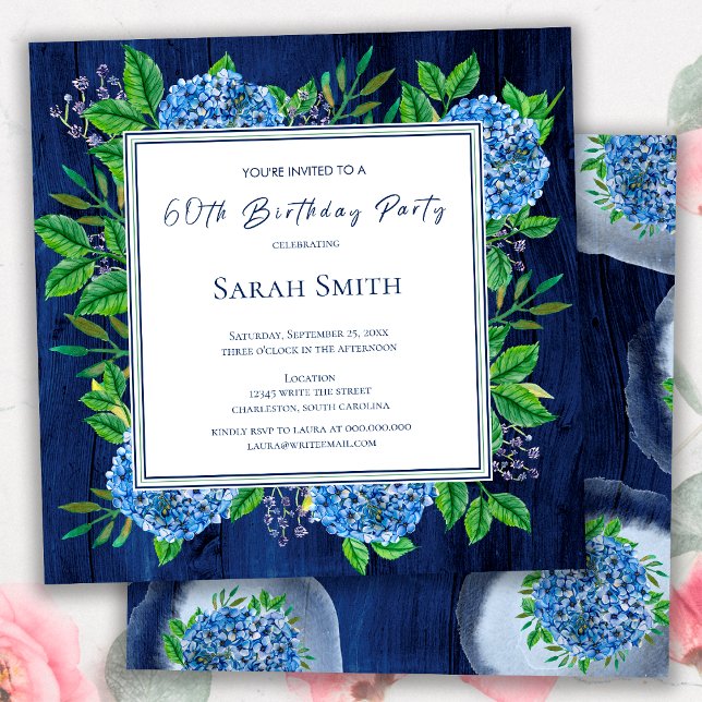 Invitation Hydrangeas Bleus Rustique Bois Fête des 60 ans (Créateur téléchargé)